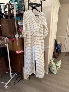 Striped Drawstring Wide-Leg Jumpsuit - Cream & Gray
